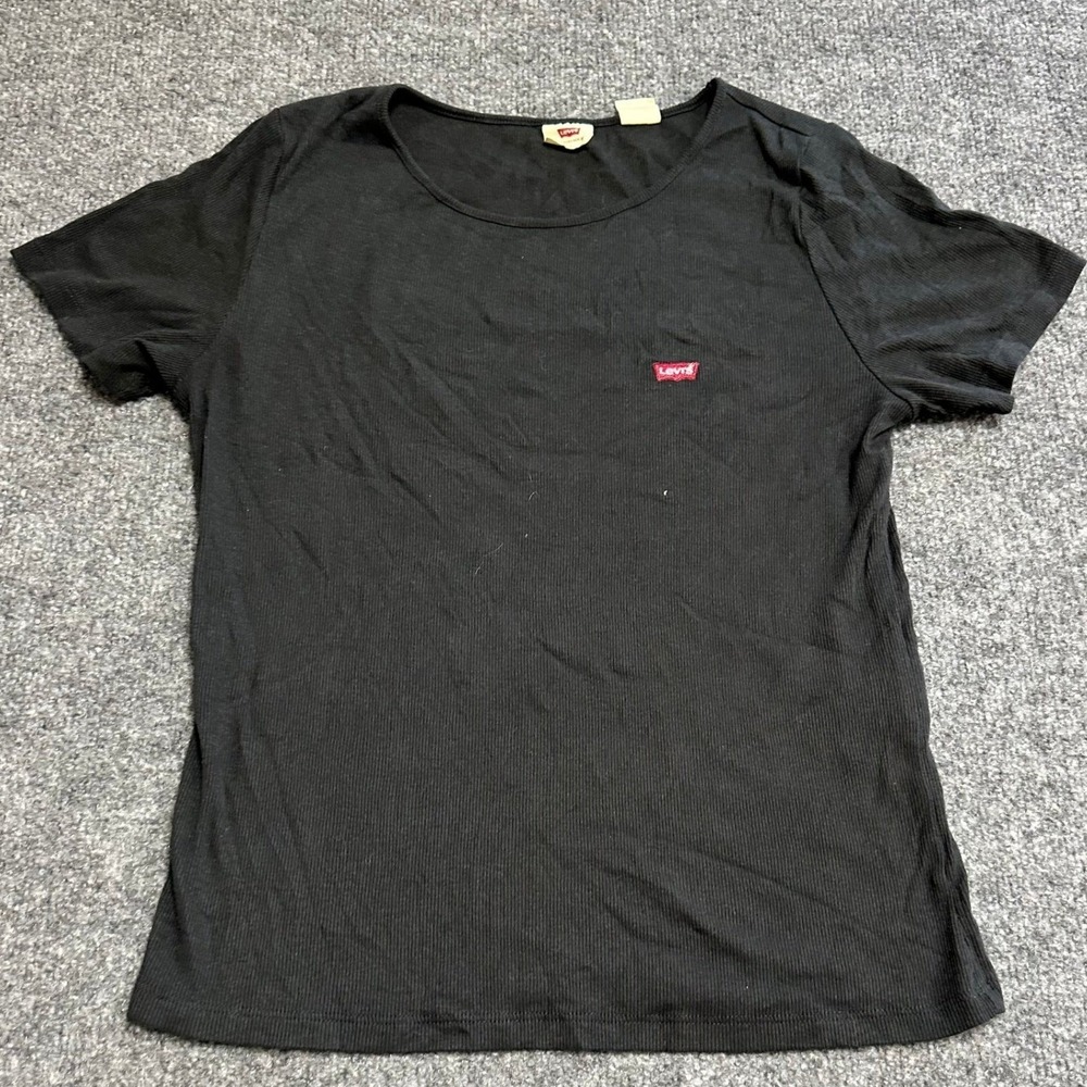 Levi's T-Shirt Womens Size L Black Ribbed Knit Slim Fit Short Sleeve Red Tab